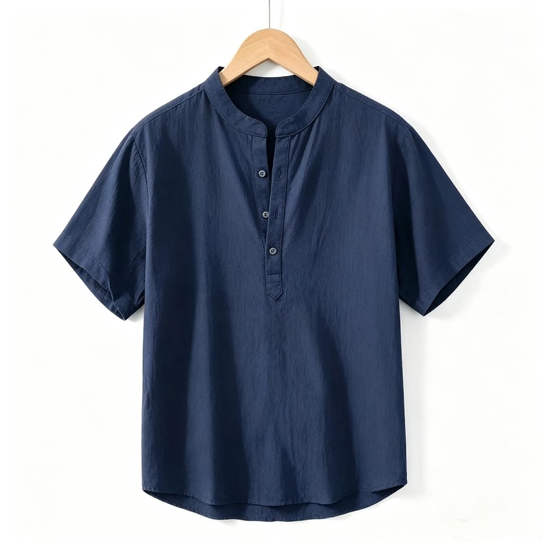 Linen Shirt Breathable - Sommer Herren Kurzarm-Hemden Einfarbig Stehkragen Übergroße