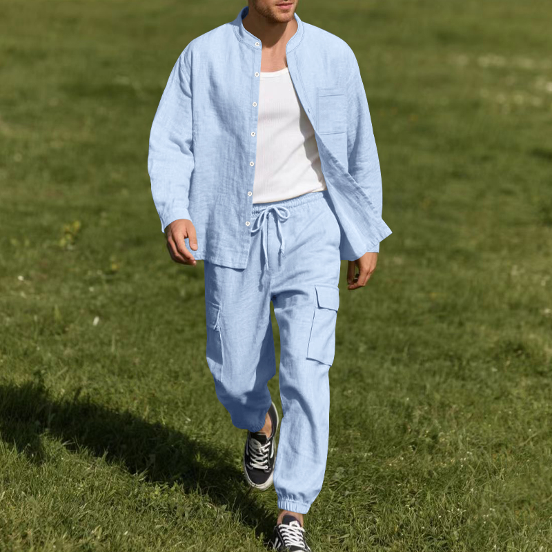 Linen Shirt Breathable - Herren Leinen Atmungsaktives Zweiteiler-Set mit Stehkragen-Langarmhemd