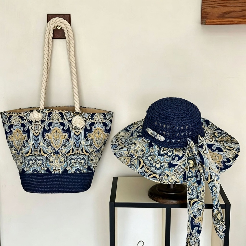 Bucket Hat Straw - Boho Strohhut und Strandtaschen-Set für Damen: