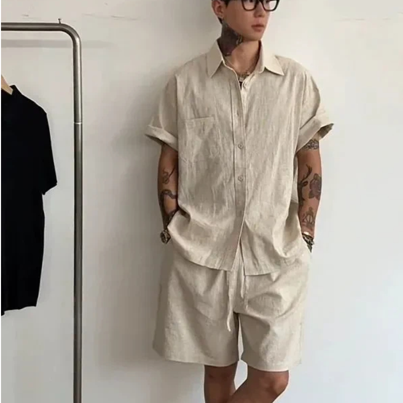 Linen Shirt Breathable - Herren Leinen-Baumwoll-Set, 2-teilig, lockeres Kurzarmhemd und