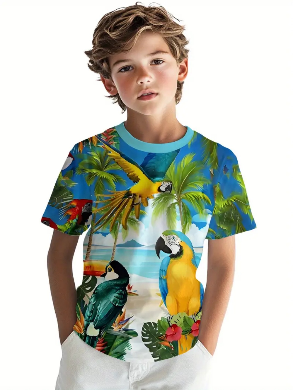 Tee Graphic Print - Kinder T-Shirt mit Tropischem Ara-Papageien-Strand-Print Kurzarm