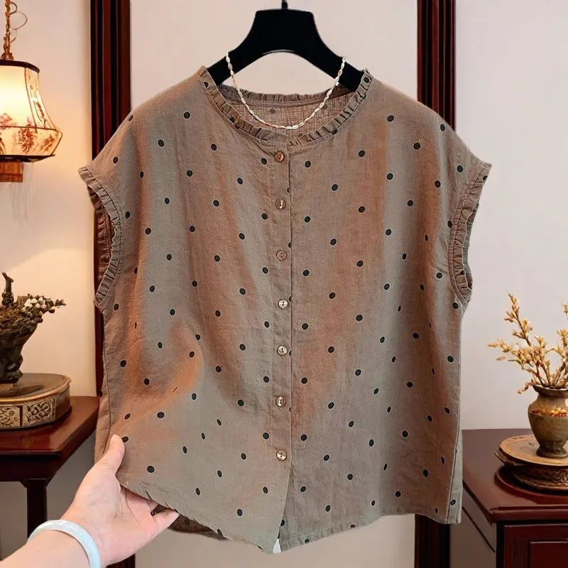 Shirt Camp Collar - Damen Retro Polka Dot Leinen-Baumwoll-Bluse mit