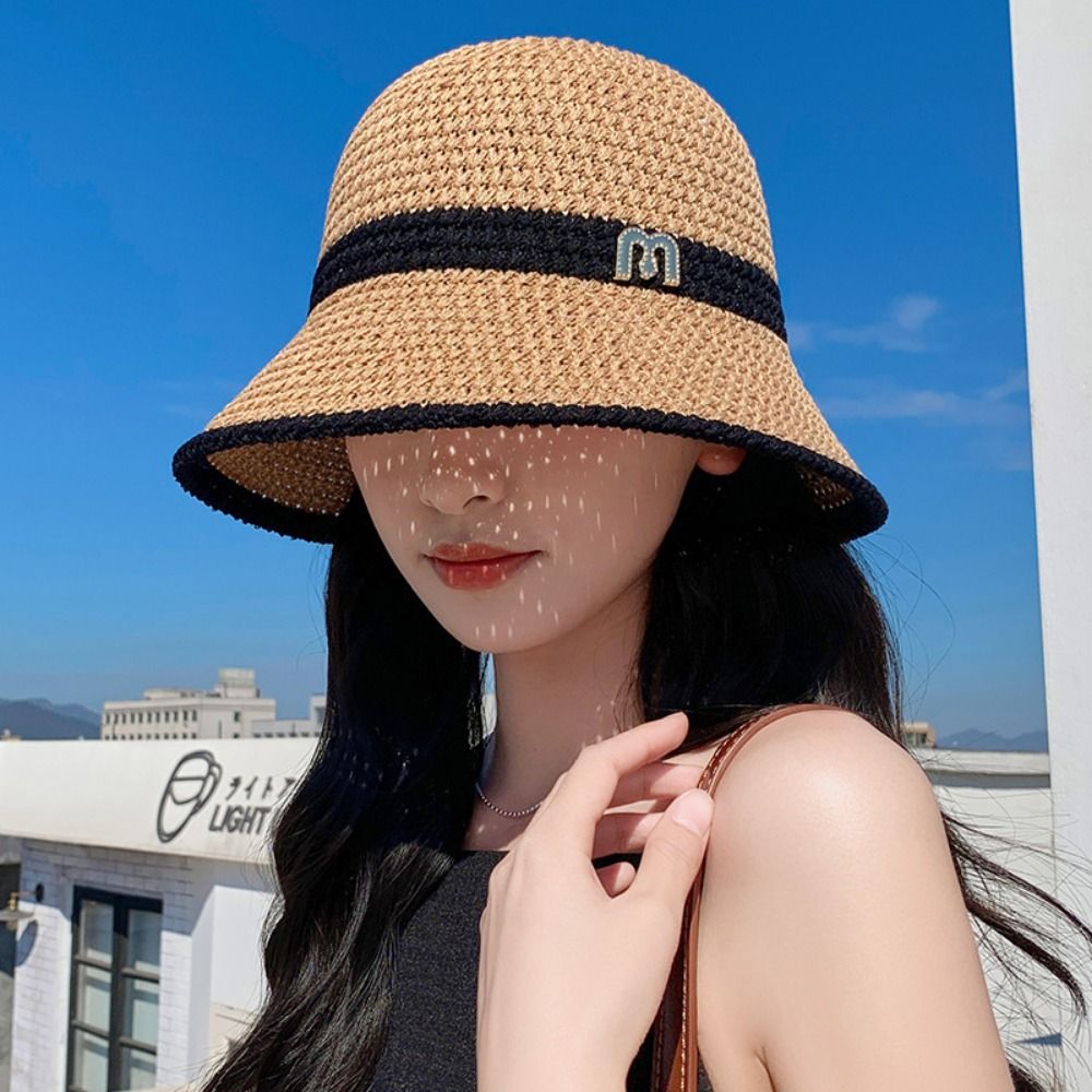 Bucket Hat Straw - Eleganter Fischerhut mit Schleife, faltbar, breite
