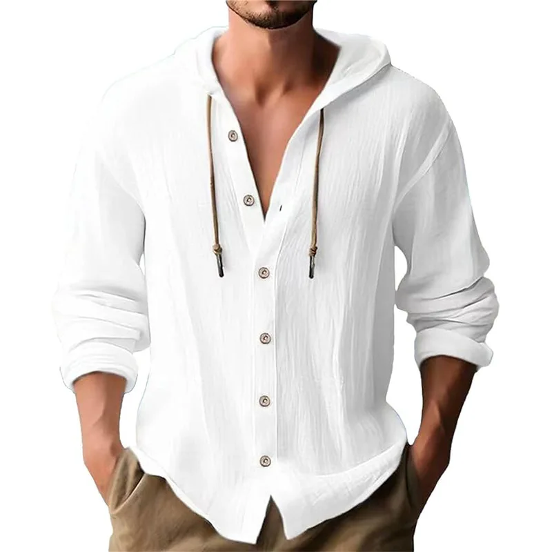 Short Linen Drawstring - Einfarbiges, lässiges Langarmhemd für Herren mit