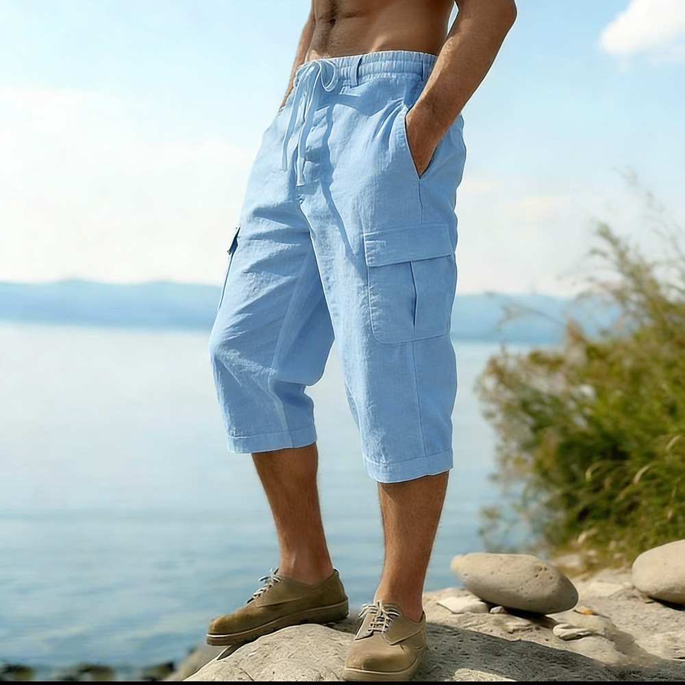 Short Linen Drawstring - Herren Sommer Baumwoll-Leinen-Shorts Retro Multi-Taschen Lose