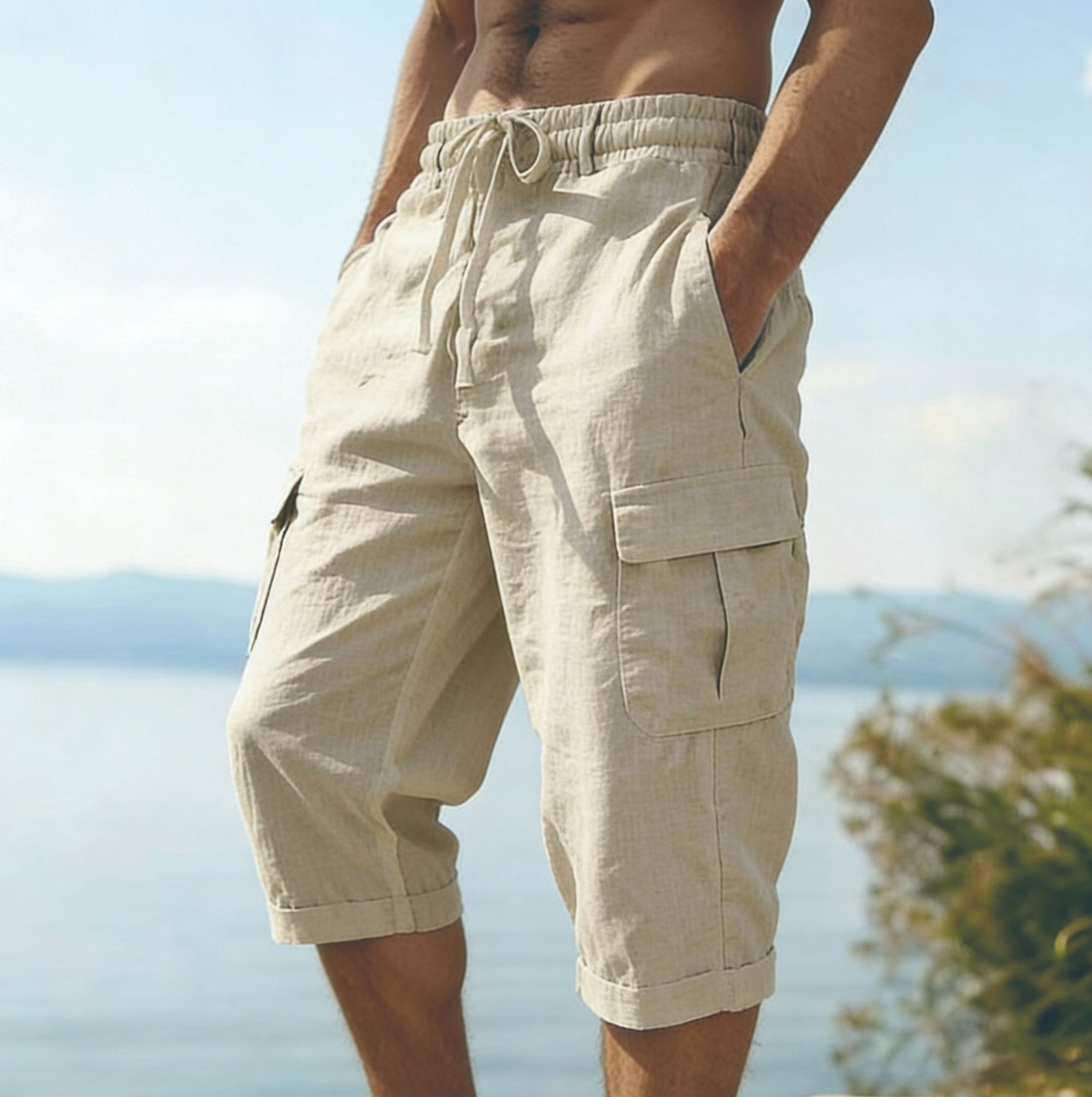 Herren Sommer Baumwoll-Leinen- – Short Linen Drawstring Bewertung und Preis